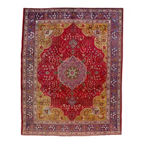1920s Medallion Handmade Antique Persian Tabriz Wool Rug With Red Field
