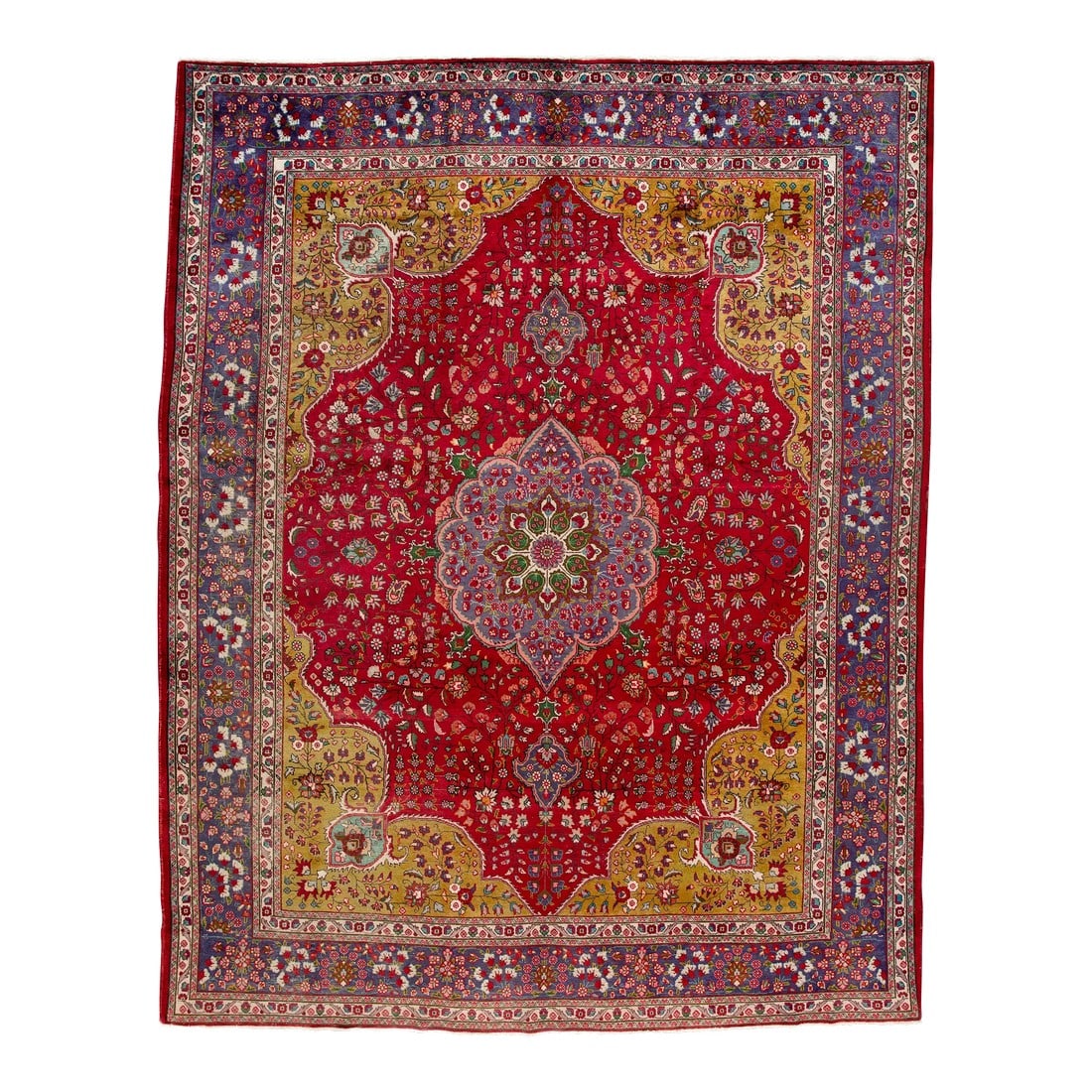 1920s Medallion Handmade Antique Persian Tabriz Wool Rug With Red Field: Beautiful Persian Isfahan hand-knotted natural wool rug with a red color field. This piece has a purple-designed frame with multicolor accents in an all-over medallion floral design. This rug