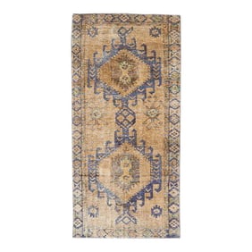 1960s Vintage Persian Distressed Handmade Medallion Tan Wool Runner