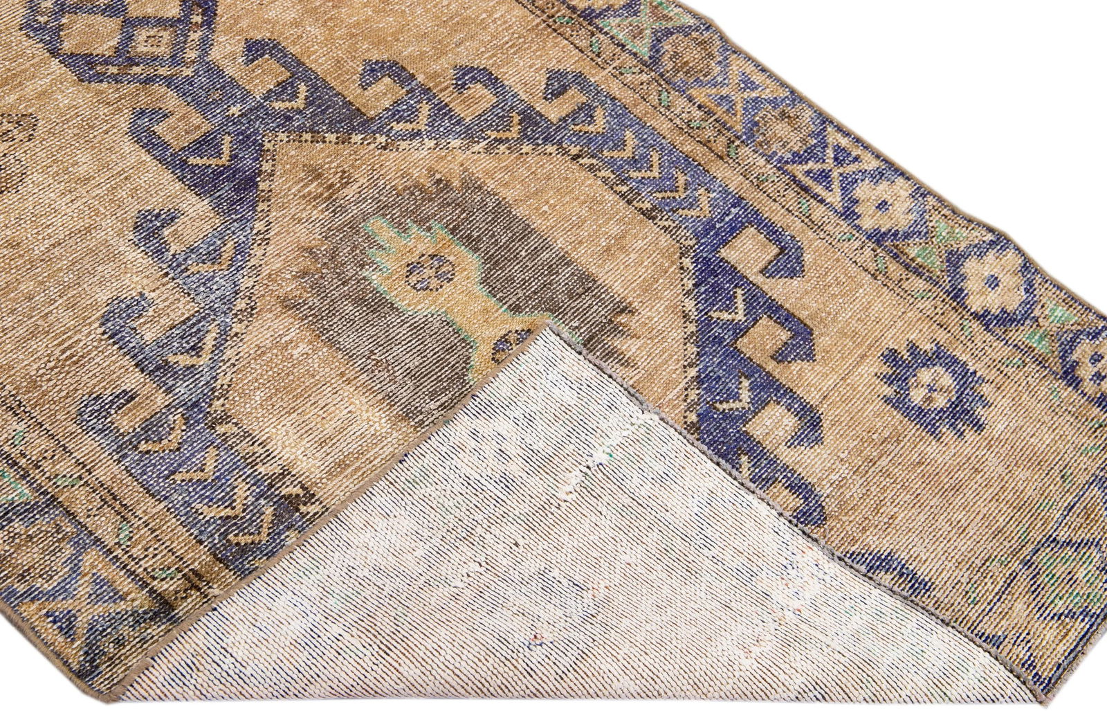 1960s Vintage Persian Distressed Handmade Medallion Tan Wool Runner - 2