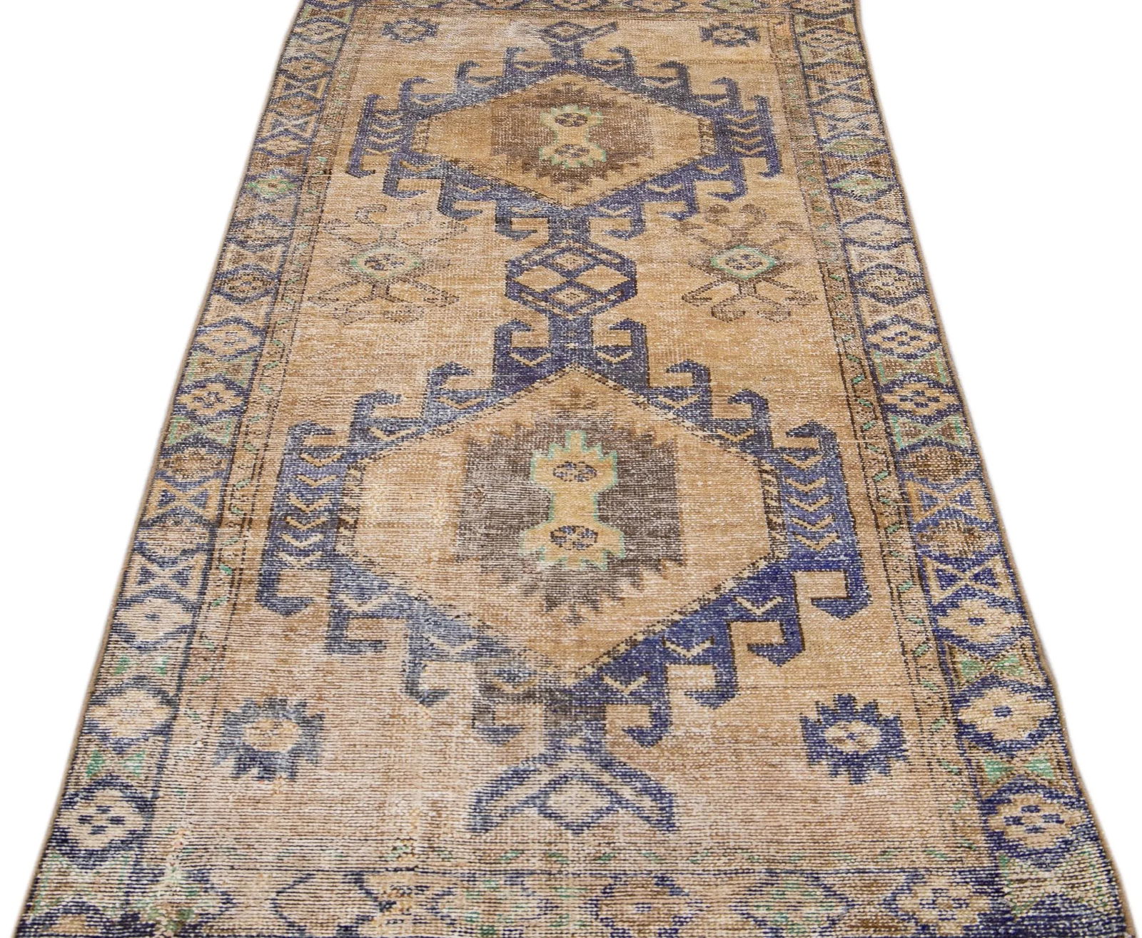 1960s Vintage Persian Distressed Handmade Medallion Tan Wool Runner - 3