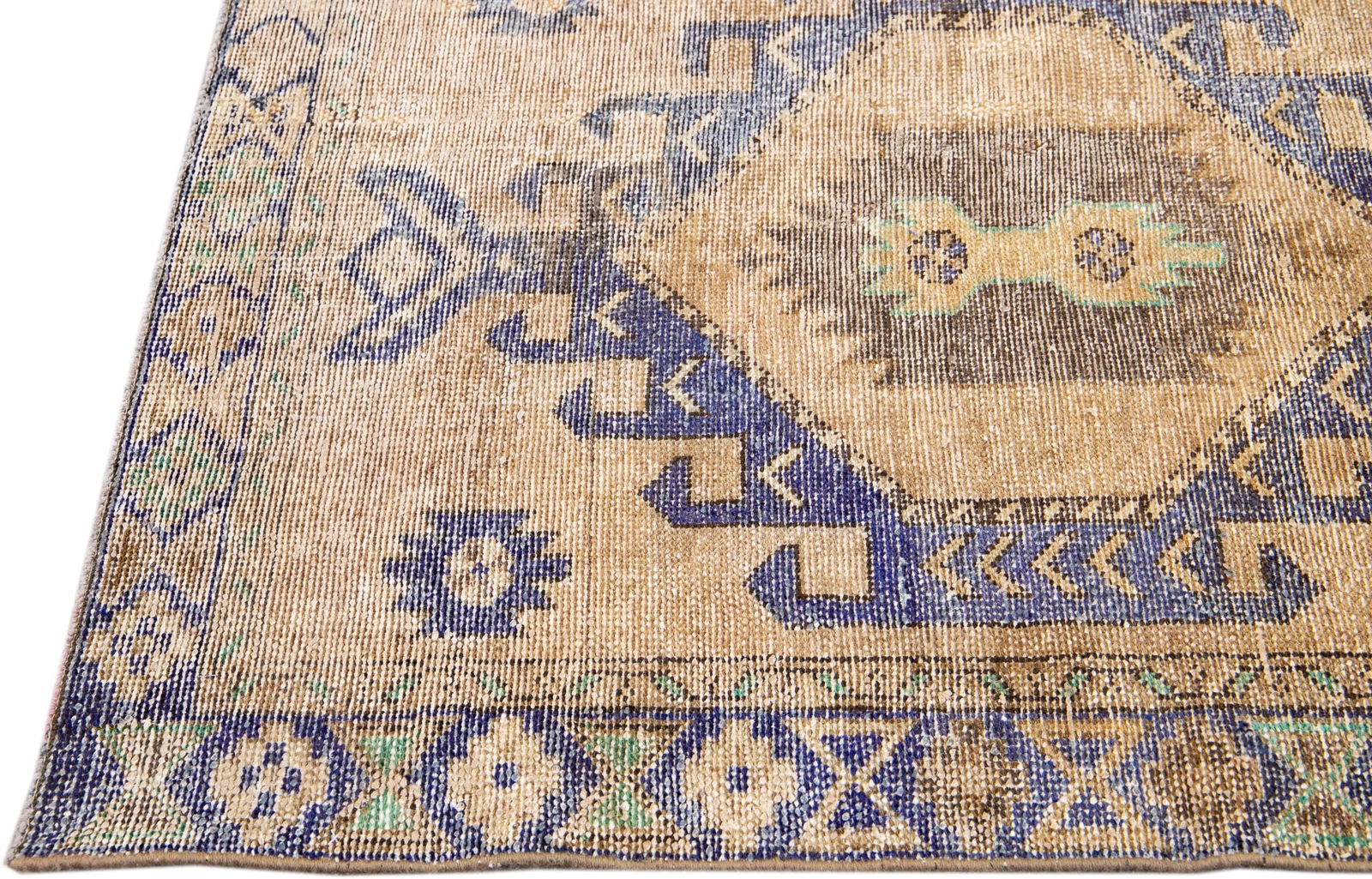 1960s Vintage Persian Distressed Handmade Medallion Tan Wool Runner - 4