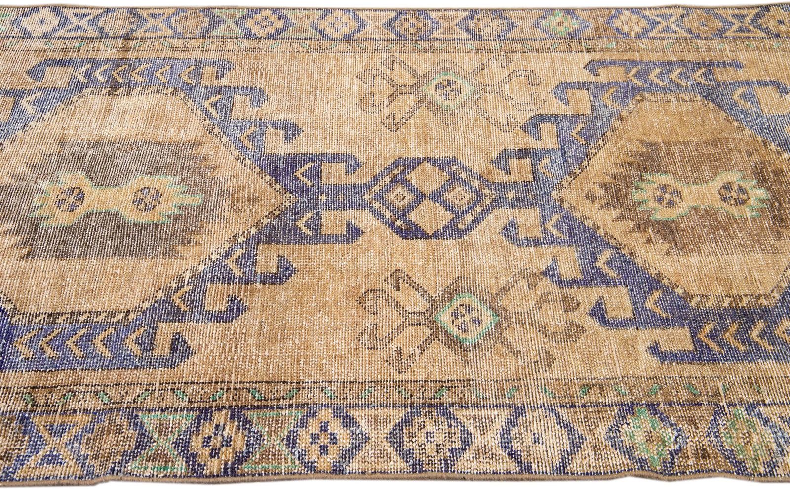 1960s Vintage Persian Distressed Handmade Medallion Tan Wool Runner - 5