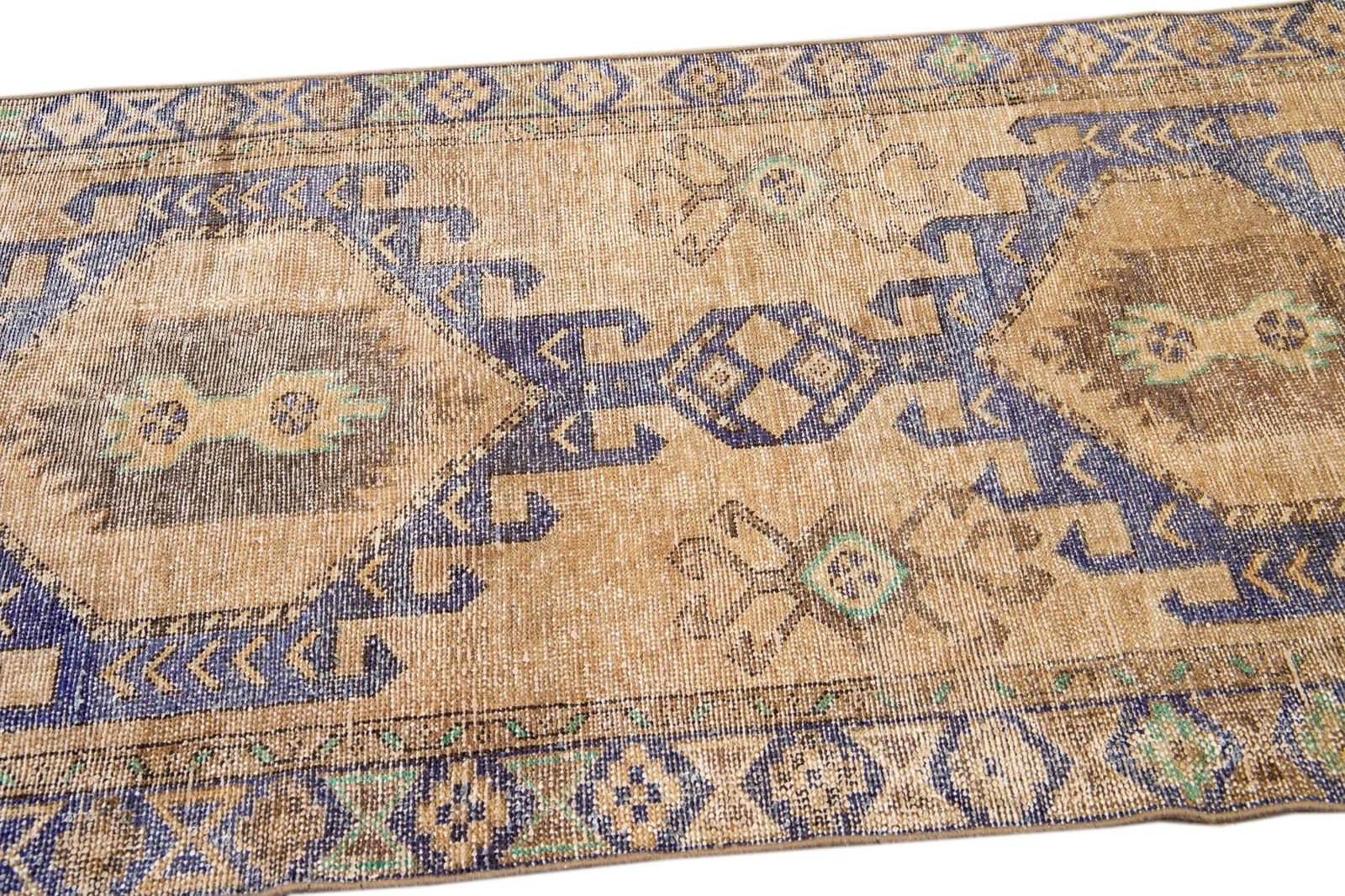 1960s Vintage Persian Distressed Handmade Medallion Tan Wool Runner - 6