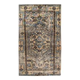 1960s Vintage Persian Distressed Handmade Geometric Tan Wool Rug