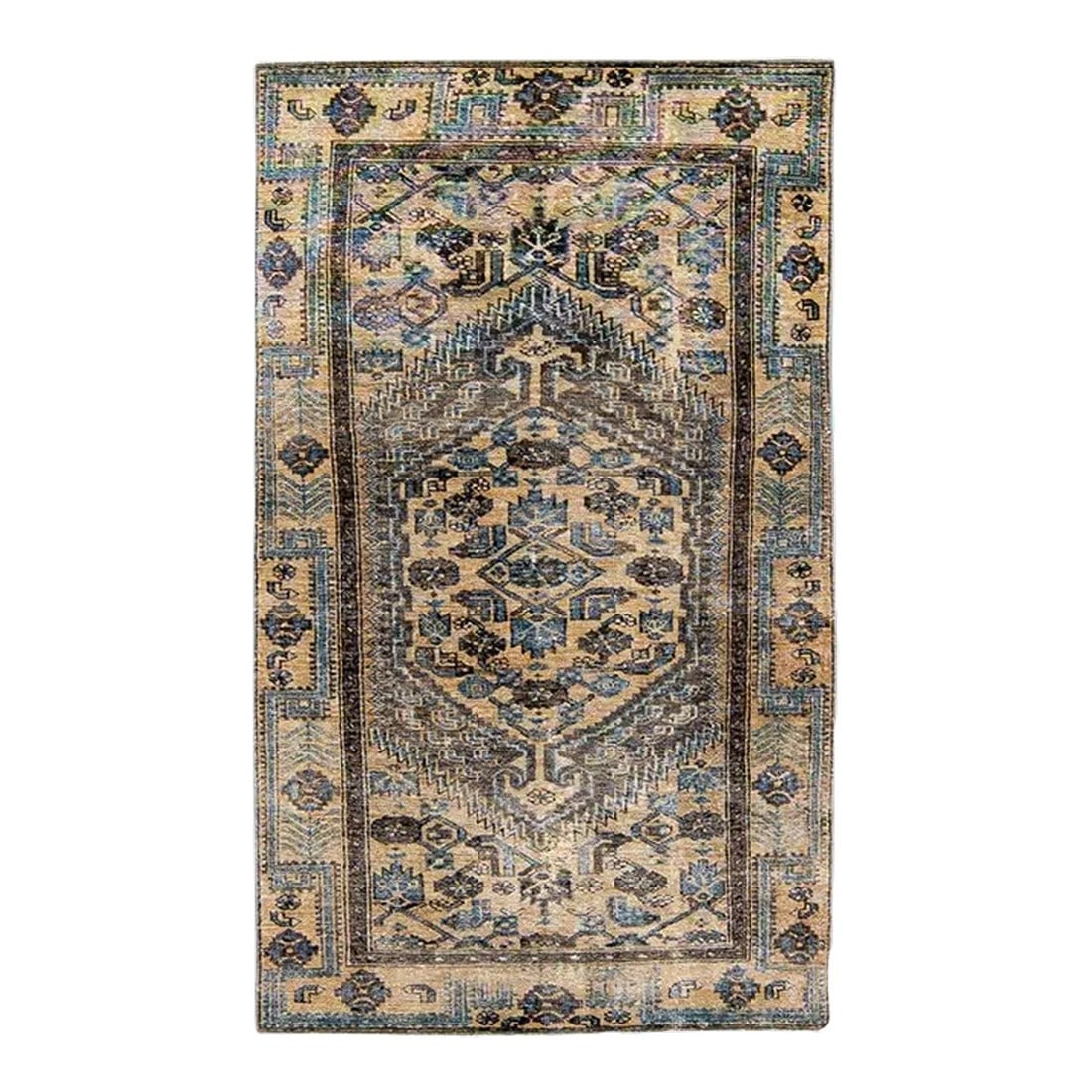 1960s Vintage Persian Distressed Handmade Geometric Tan Wool Rug (1 of 7)