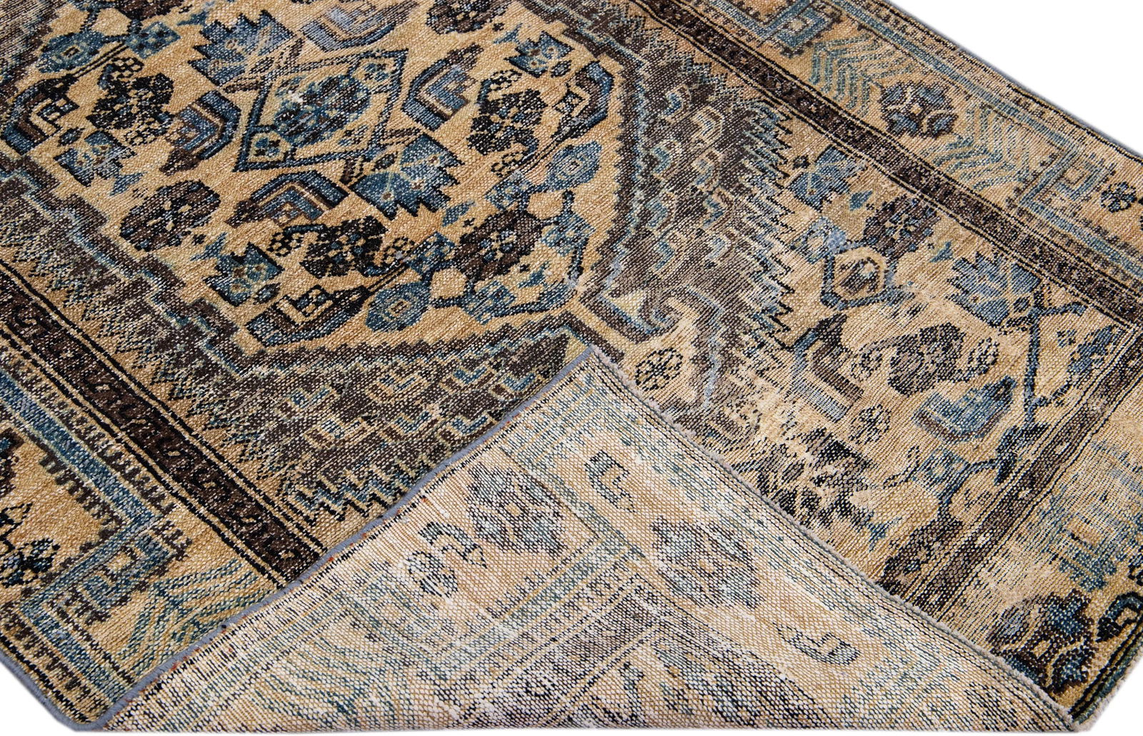 1960s Vintage Persian Distressed Handmade Geometric Tan Wool Rug - 2