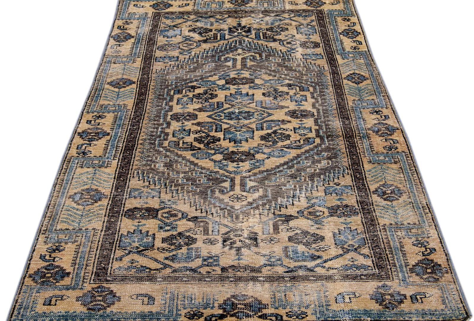 1960s Vintage Persian Distressed Handmade Geometric Tan Wool Rug - 3