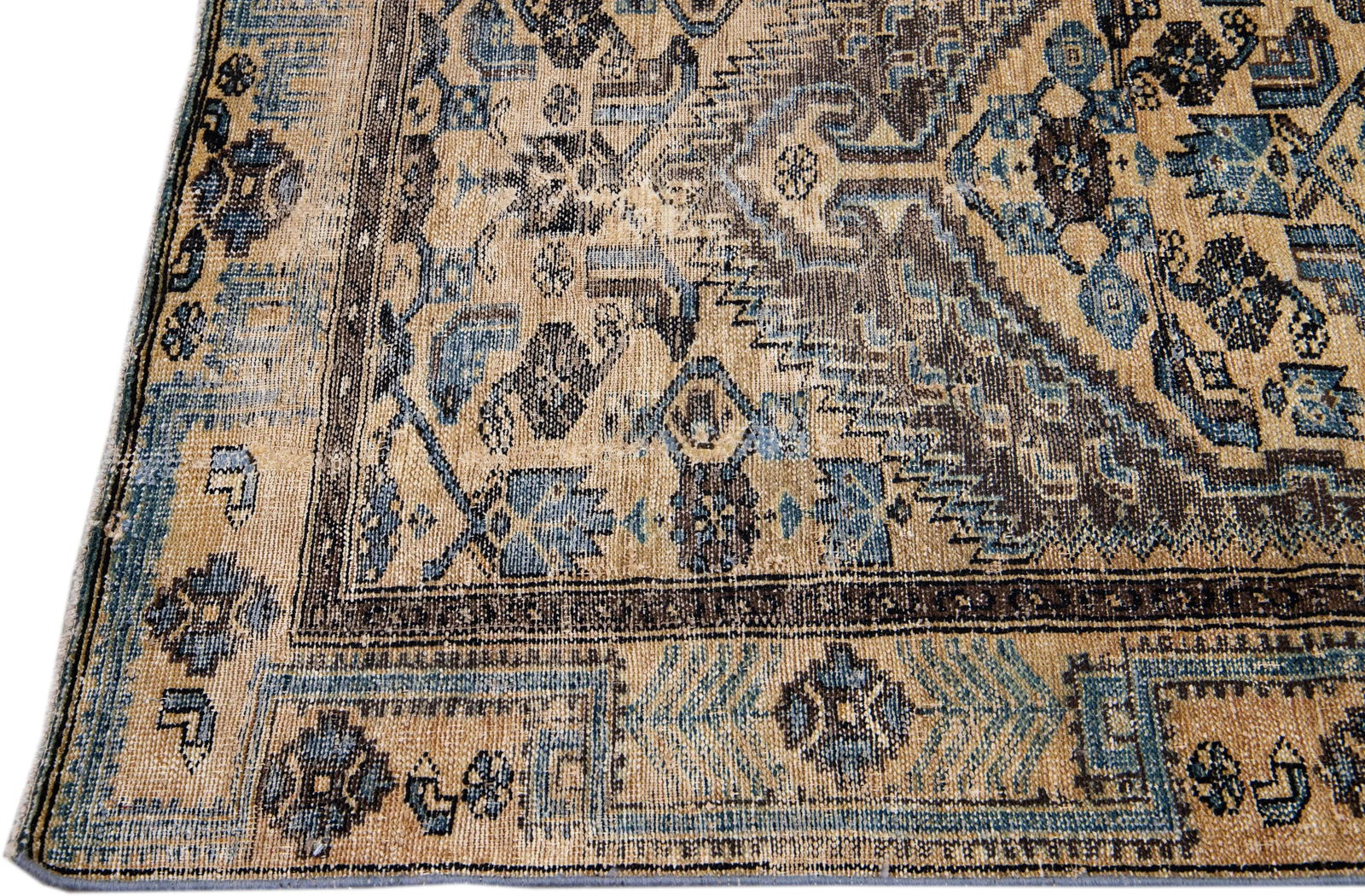 1960s Vintage Persian Distressed Handmade Geometric Tan Wool Rug - 4