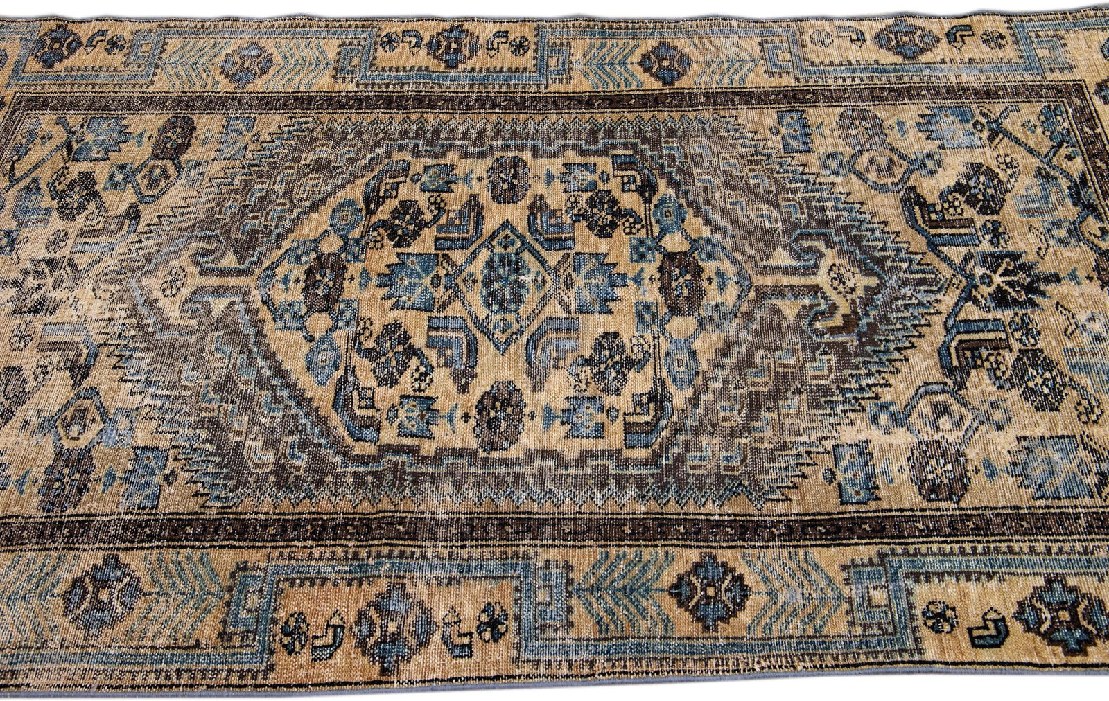 1960s Vintage Persian Distressed Handmade Geometric Tan Wool Rug - 5