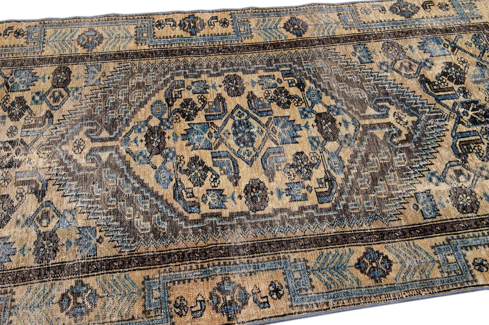 1960s Vintage Persian Distressed Handmade Geometric Tan Wool Rug - 6
