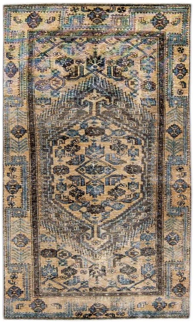 1960s Vintage Persian Distressed Handmade Geometric Tan Wool Rug - 7