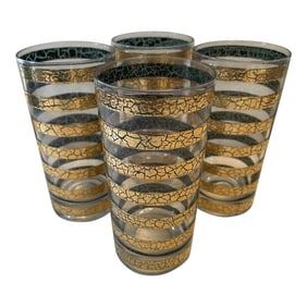 1960's Culver "Regiment" Green and Gold Highball Glasses - a Set of 4