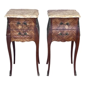 Antique Louis XV French Marquetry Marble Top Nightstands, Set of 2
