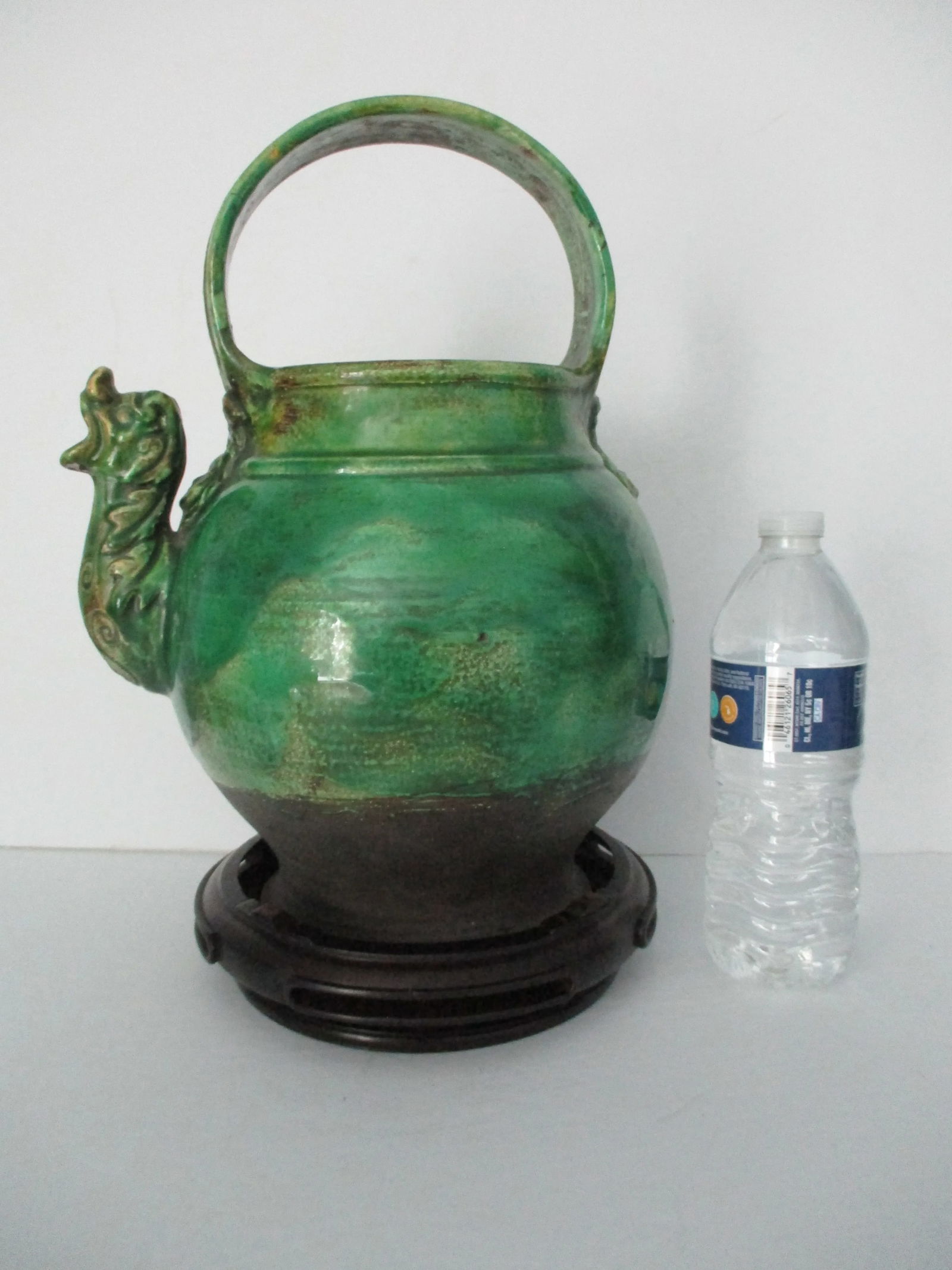 Italian Green Glazed Dragon Spout Pot on Hongmu Wooden Stand - 12