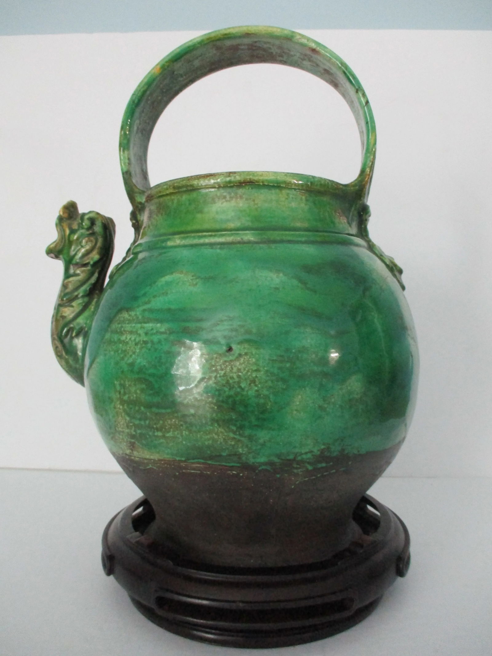 Italian Green Glazed Dragon Spout Pot on Hongmu Wooden Stand - 13