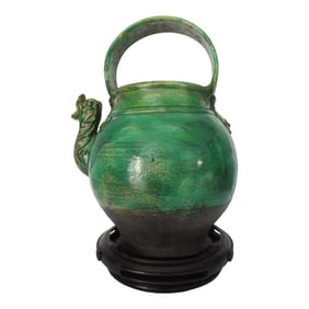 Italian Green Glazed Dragon Spout Pot on Hongmu Wooden Stand