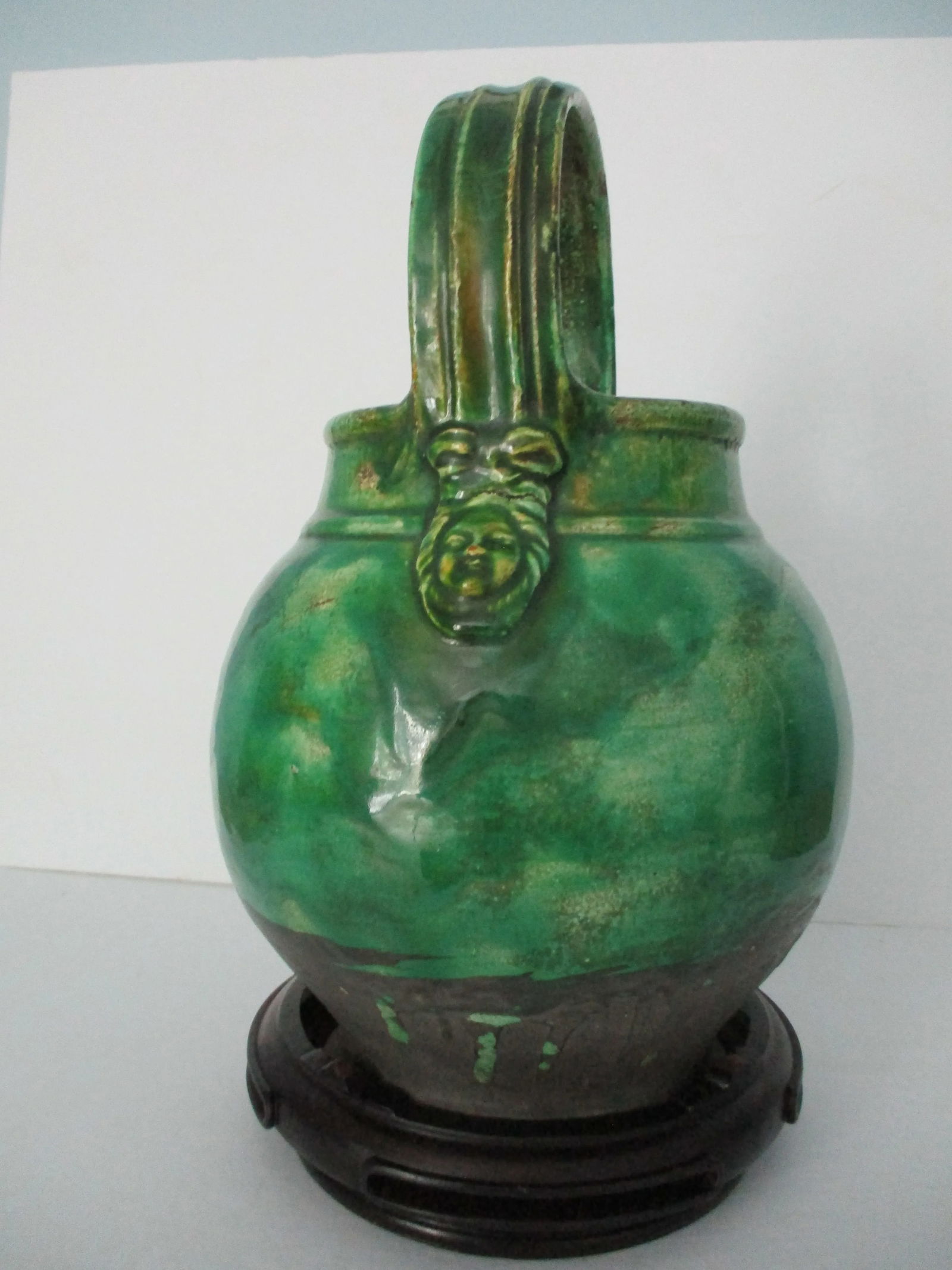 Italian Green Glazed Dragon Spout Pot on Hongmu Wooden Stand - 3