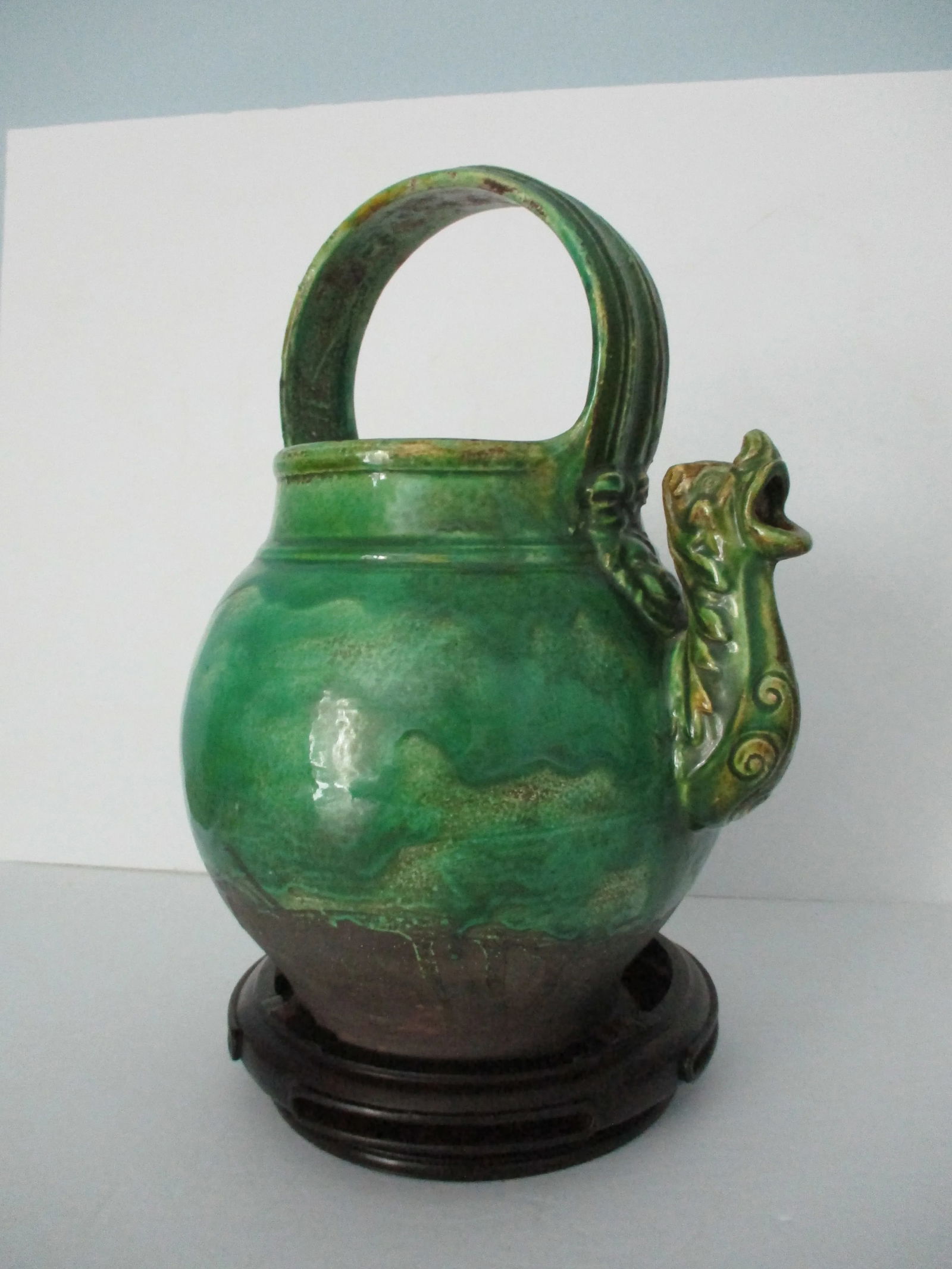 Italian Green Glazed Dragon Spout Pot on Hongmu Wooden Stand - 5