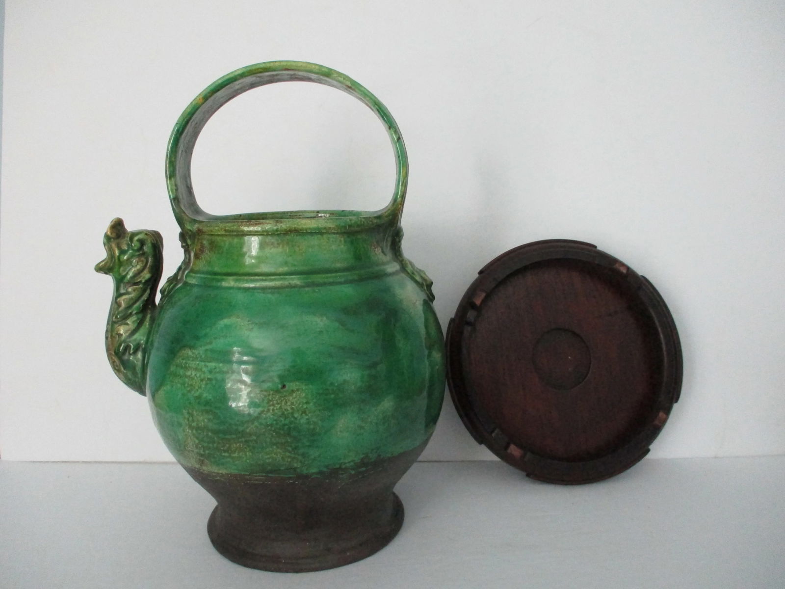 Italian Green Glazed Dragon Spout Pot on Hongmu Wooden Stand - 9