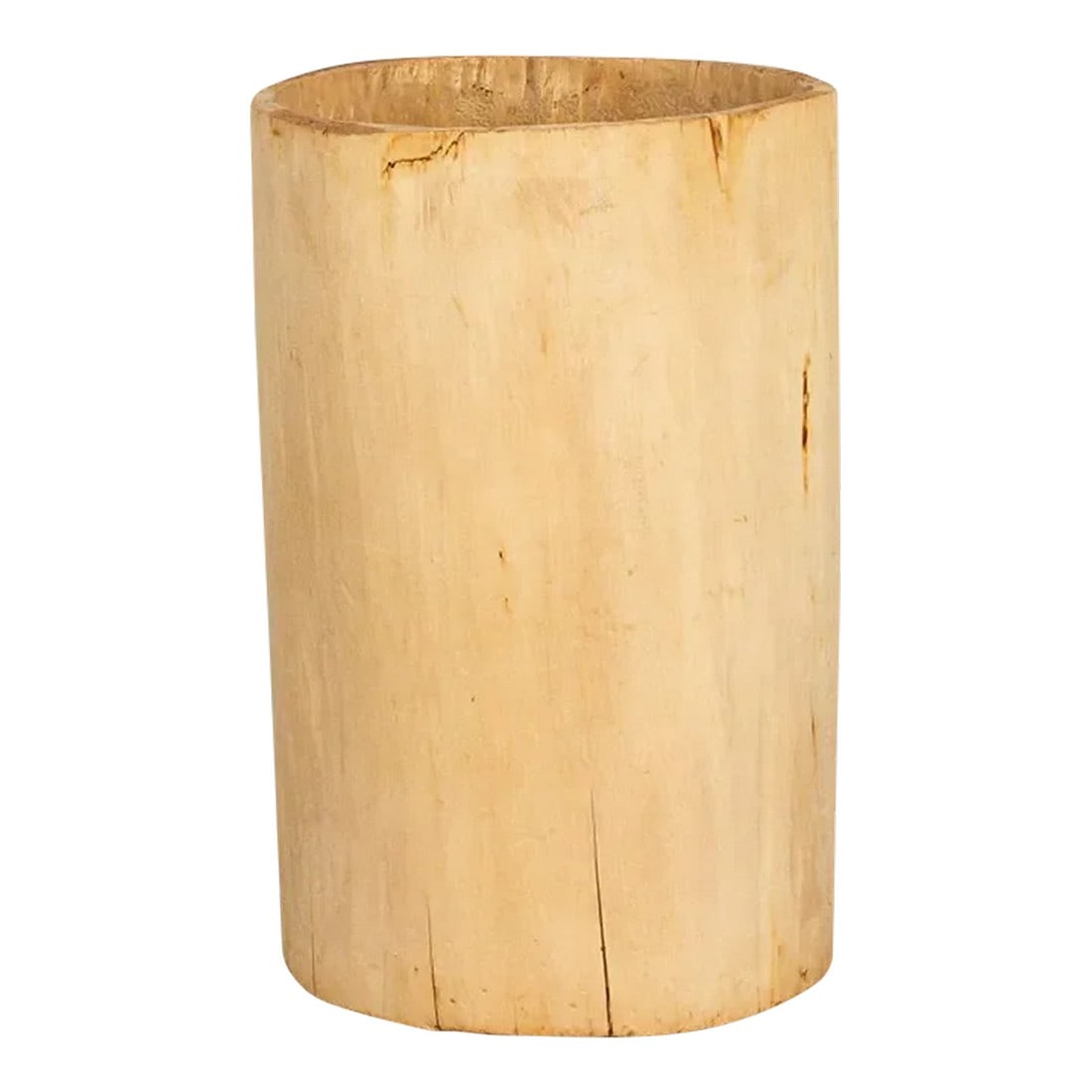Tall Bleached Wood Asian Planter: A large vintage wood pot with a clean bleached finish and irregular cylindrical shape. This rustic tall planter is hand-carved from a single tree trunk showing a smooth texture and a lovely organic fe