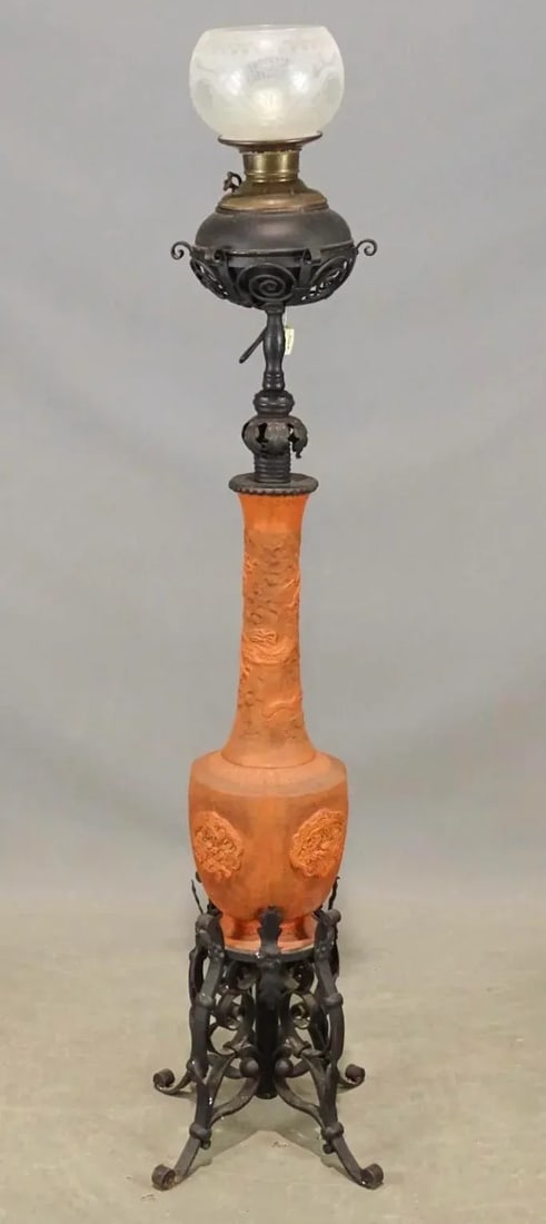 19th Century Dragon Motif Tokoname Meiji Era Electrified Japanese Oil Floor Lamp in Terracotta Red W - 11