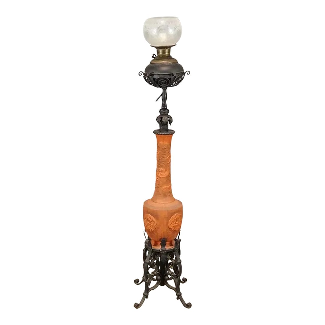 19th Century Dragon Motif Tokoname Meiji Era Electrified Japanese Oil Floor Lamp in Terracotta Red W: A truly amazing piece that had to come out of one of the finest houses in Meiji Japan. In its day it would have been considered ultra modern and avant-garde. Being both modern and Japanese at its core