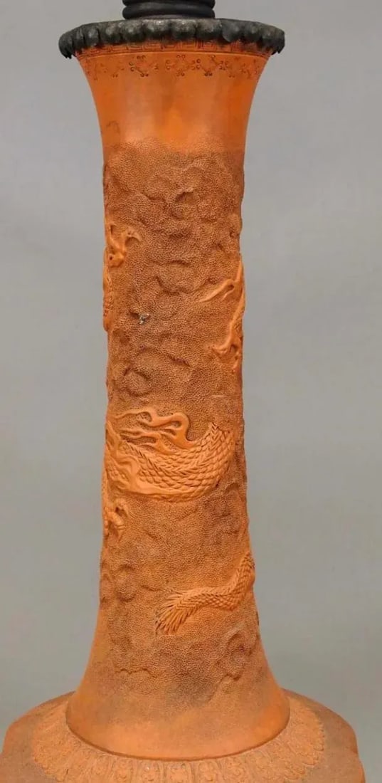 19th Century Dragon Motif Tokoname Meiji Era Electrified Japanese Oil Floor Lamp in Terracotta Red W - 4