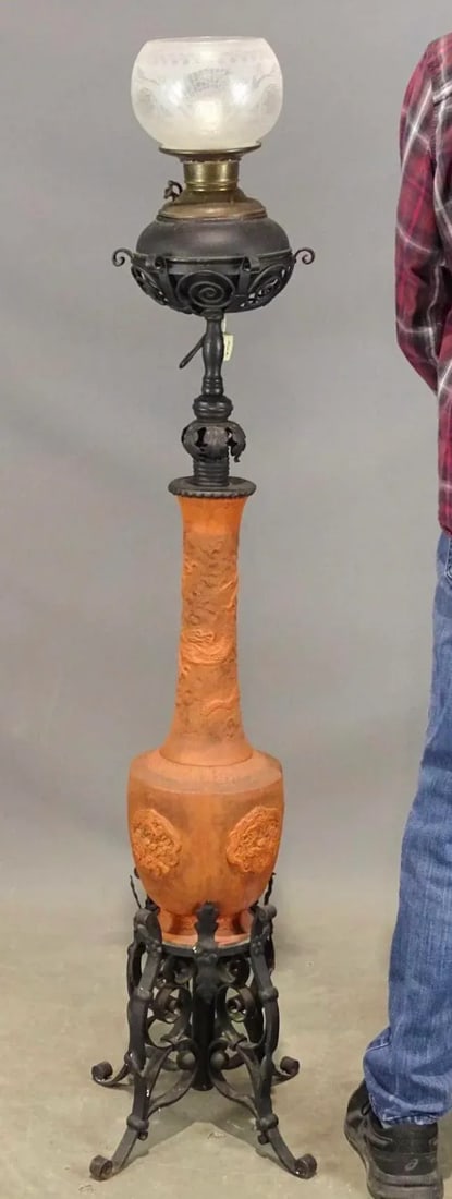 19th Century Dragon Motif Tokoname Meiji Era Electrified Japanese Oil Floor Lamp in Terracotta Red W - 6