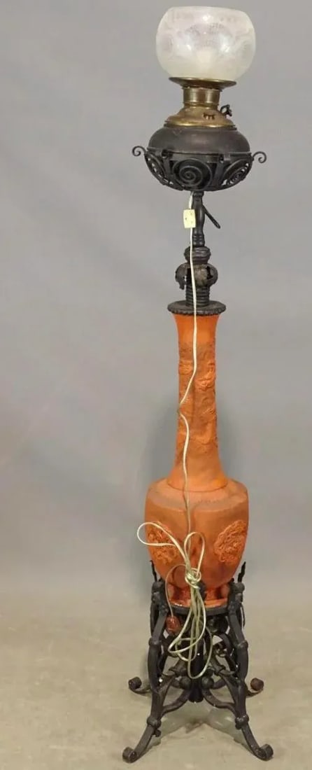 19th Century Dragon Motif Tokoname Meiji Era Electrified Japanese Oil Floor Lamp in Terracotta Red W - 8