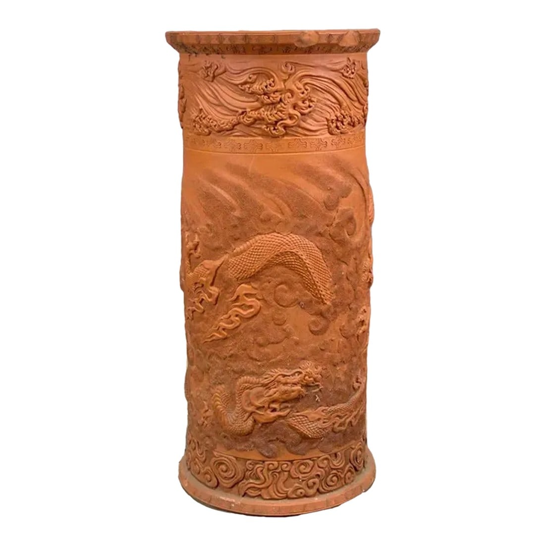 19th Century Japanese Meiji Era Dragon Embellished Tokoname Terracotta Red Ware Ceramic Umbrella Sta: A very slight after style of Japanese ceramics with elaborate and crisp designs. Done in the tokoname style ina. Lovely terracotta. Dates from the 1870's Condition: Alterations: Original Condition Una
