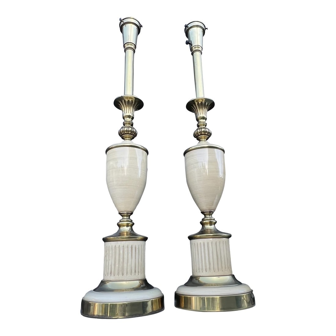 Vintage Mid 20th Century Brass & Enamel Stiffel Style Table Lamps - a Pair: Vintage Brass & Enamel Stiffel Table Lamps . There is no name but looks like Stiffel lamps. Measuring 30" tall. No glass globes. Condition: Alterations: Original Condition Unaltered Imperfections: Som