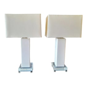 Pair of Mid-Century Italian Lucite Lamps With Linen Shades