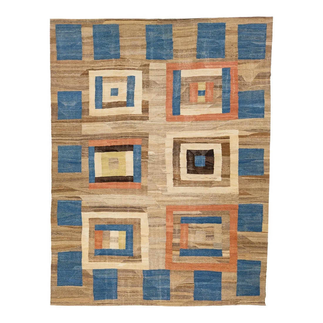 2020s Mid-Century Modern Style Kilim Wool Rug With Brown Field: Beautiful Contemporary Kilim wool rug with a brown color field. This flatweave rug features a gorgeous geometric deco design in beige, orange, and blue accents. Combining brown, beige, orange, and