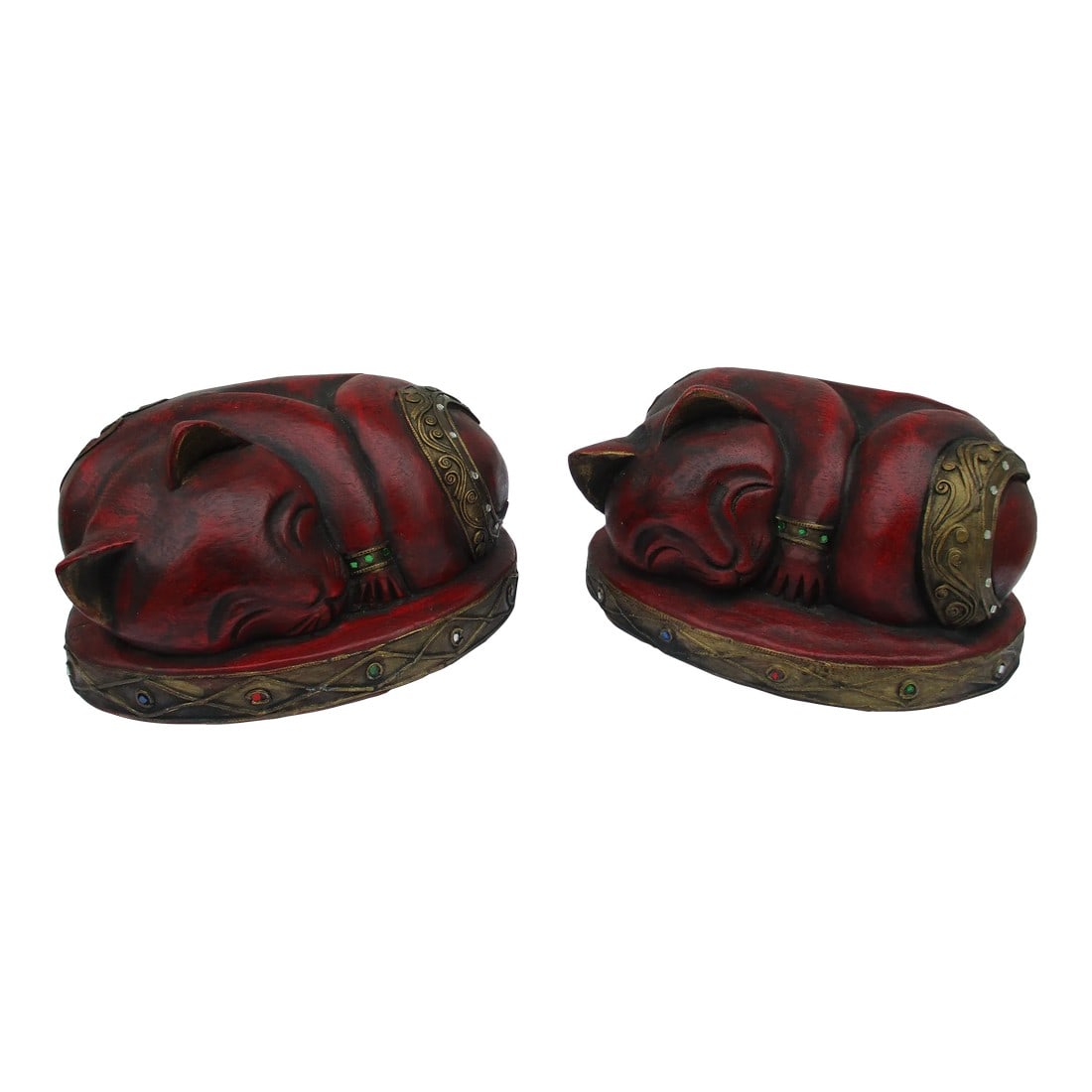 Vintage Red & Gold Wooden Cats -A Pair: A pair of hand carved wooden sleeping cats. Finished in red and gold, these cats have faux gem stones as accents. The pair of cats are in very good vintage condition with minimal signs of wear. 