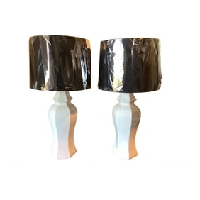 1970s Pair of White Pagoda Lamps With Black Drum Shades