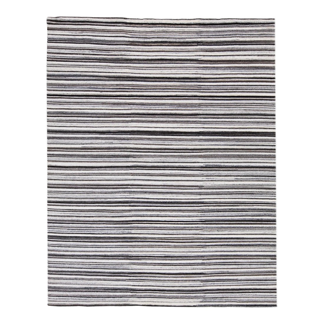 2010s Modern Handmade Striped Wool Rug in Ivory and Brown: A stunning modern hand-woven wool rug boasting an Ivory color field and exquisite stripe design detailing with brown and gray colors. This rug measures 7'11" x 9'11". Condition: Imperfections: No