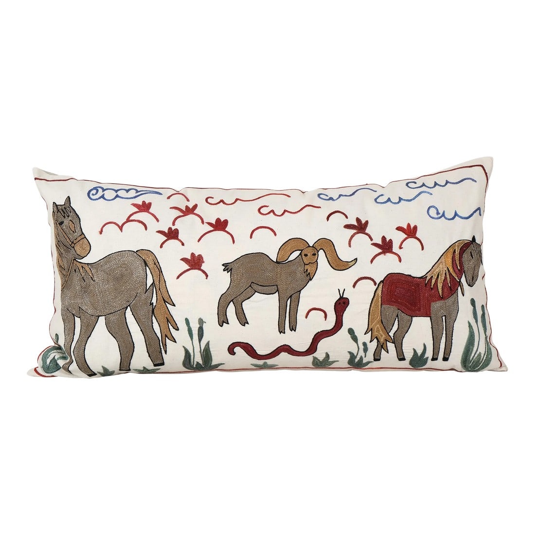 Suzani Animal Garden Long Cushion Cover: Turkish Suzani Pillow Cover Suzani is an exquisite fabric, every piece is unique but can also contain small imperfections; the charm of a handmade product. Material: 100% cotton. Condition: Vintage Or