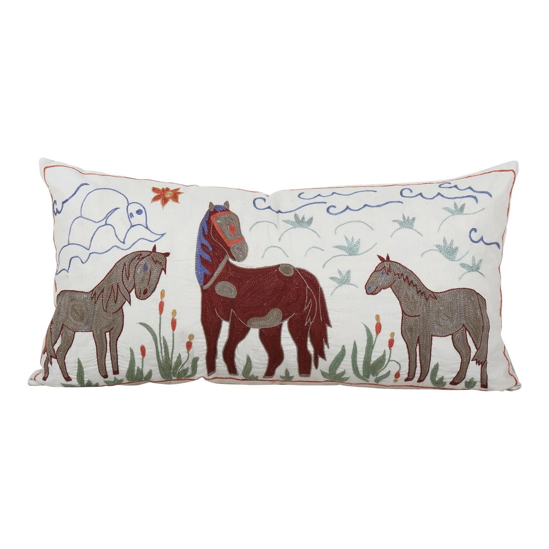 Turkish Horse Pictorial Suzani Cushion Cover: Turkish Horse Pictorial Suzani Cushion Cover, Suzani Animal Bedding Pillow Case Made From a 19th Century Suzani 18'' X 35'' Suzani is an exquisite fabric, every piece is unique but can also contain sm