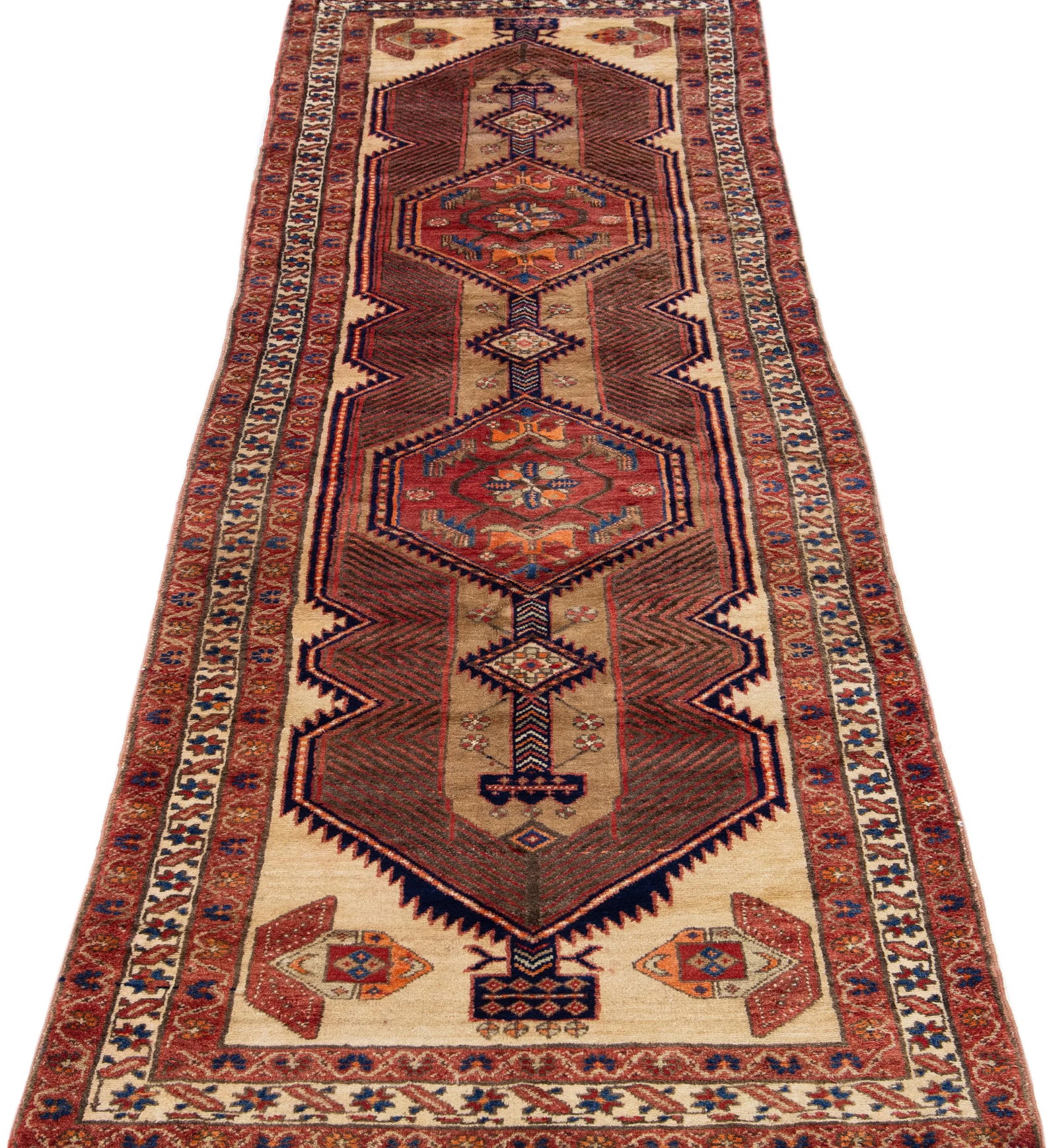 1960s Vintage Persian Hamadan Beige Handmade Geometric Wool Runner - 3