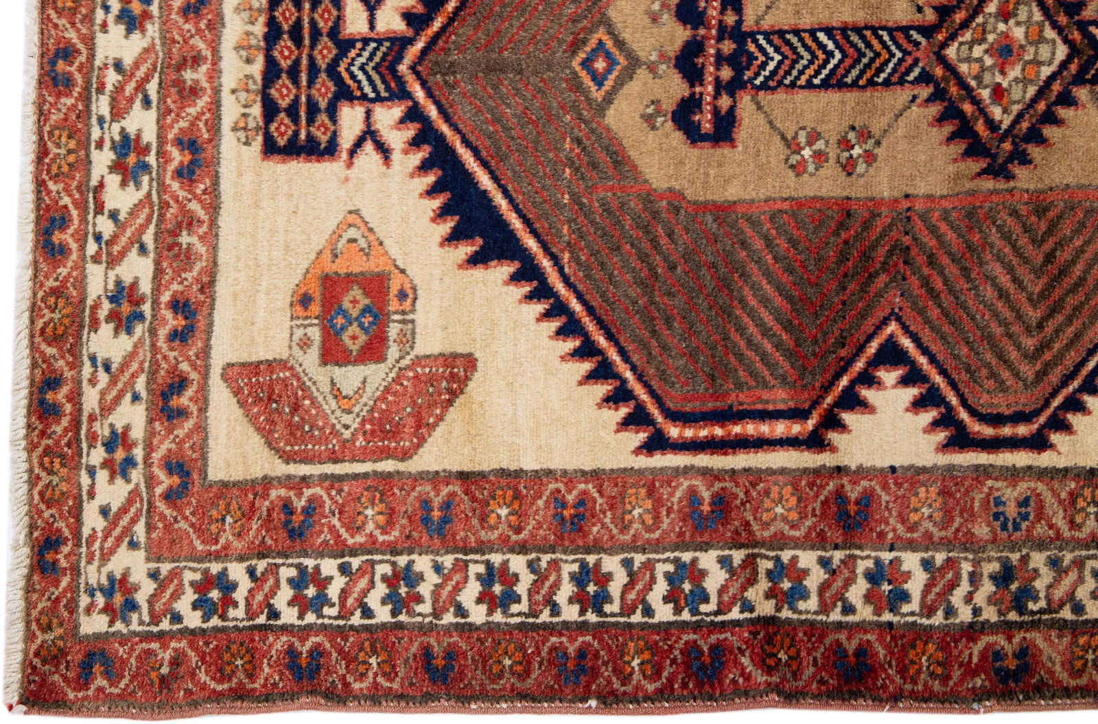 1960s Vintage Persian Hamadan Beige Handmade Geometric Wool Runner - 4