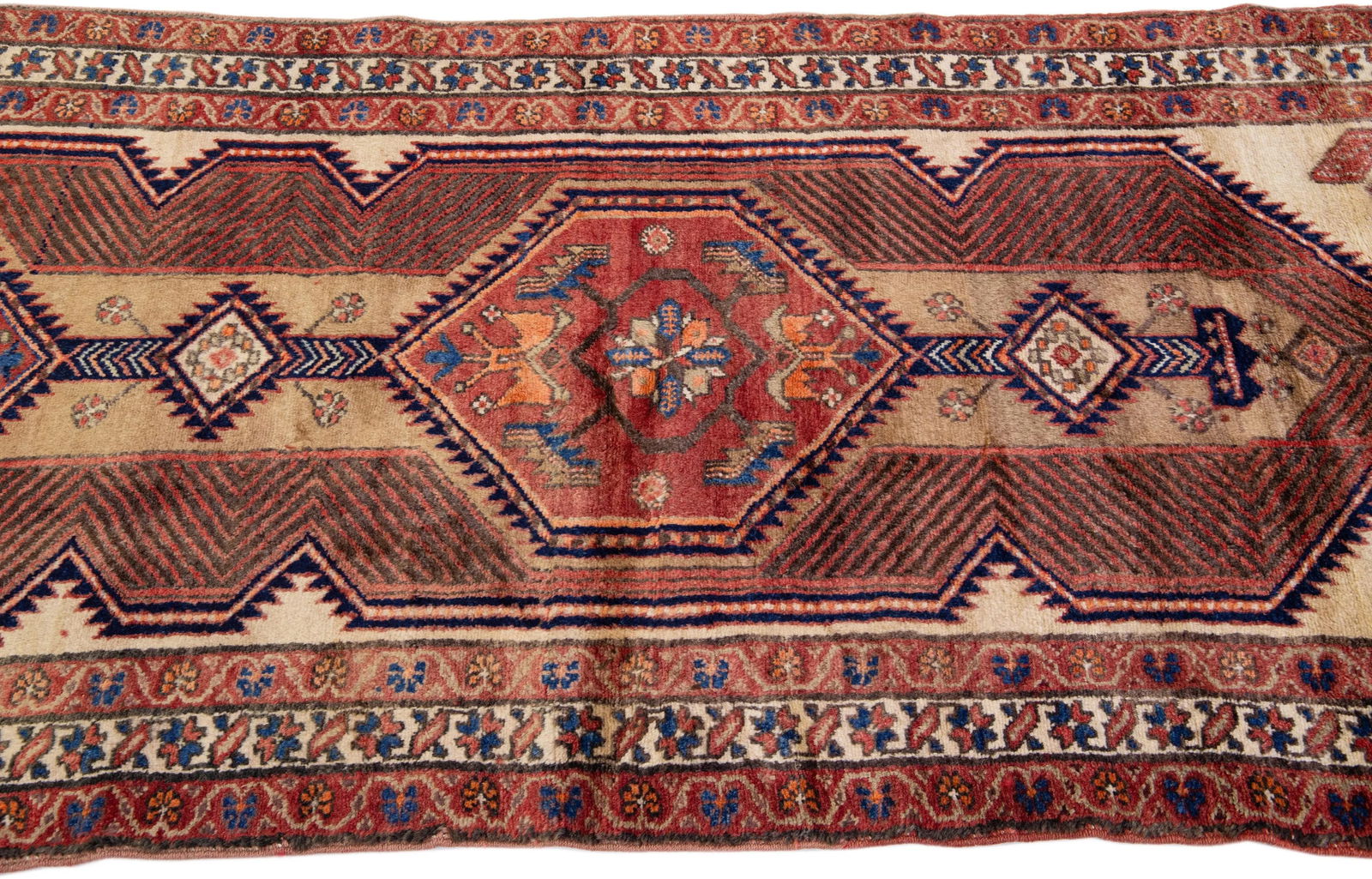 1960s Vintage Persian Hamadan Beige Handmade Geometric Wool Runner - 5