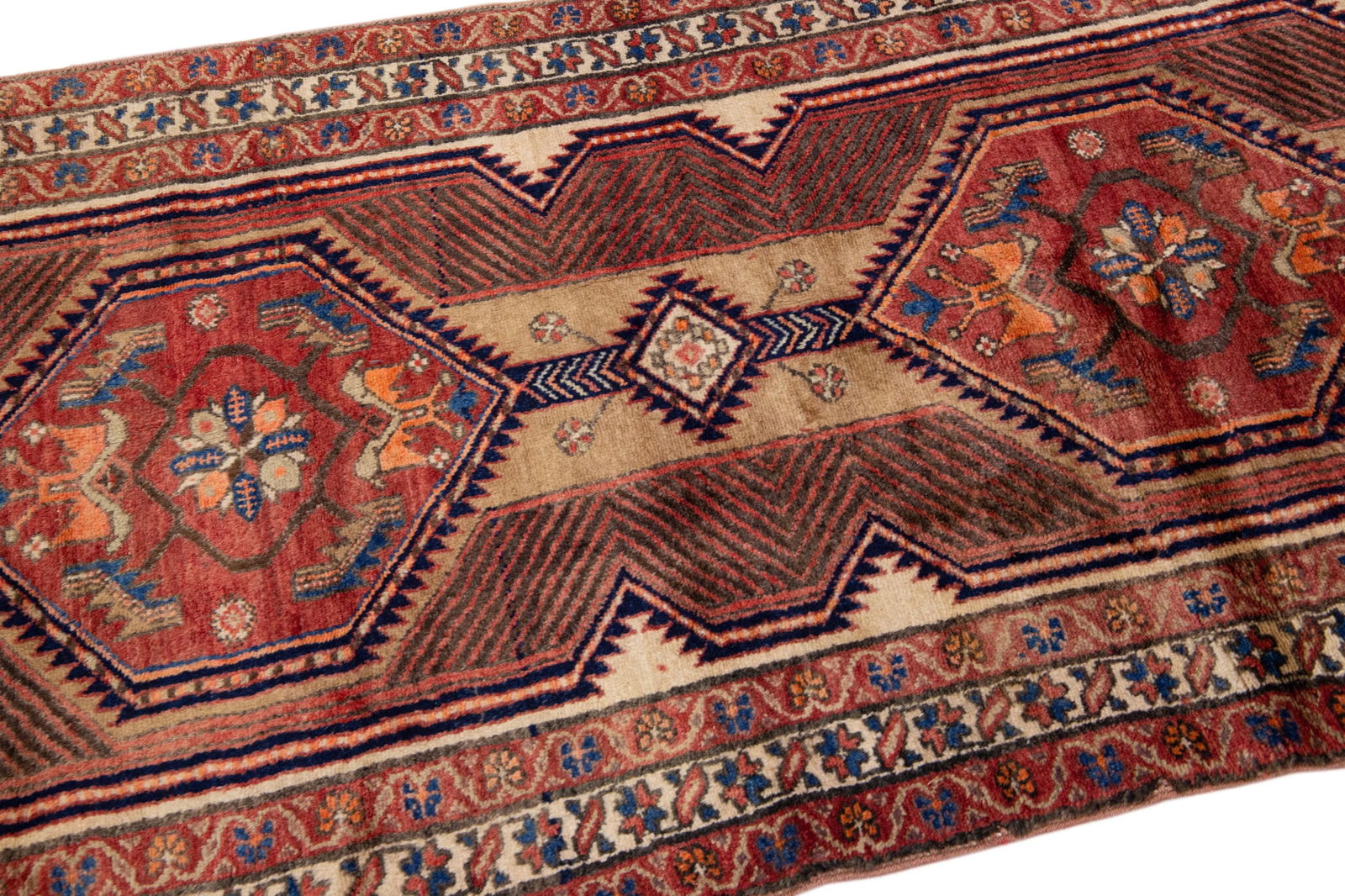 1960s Vintage Persian Hamadan Beige Handmade Geometric Wool Runner - 6