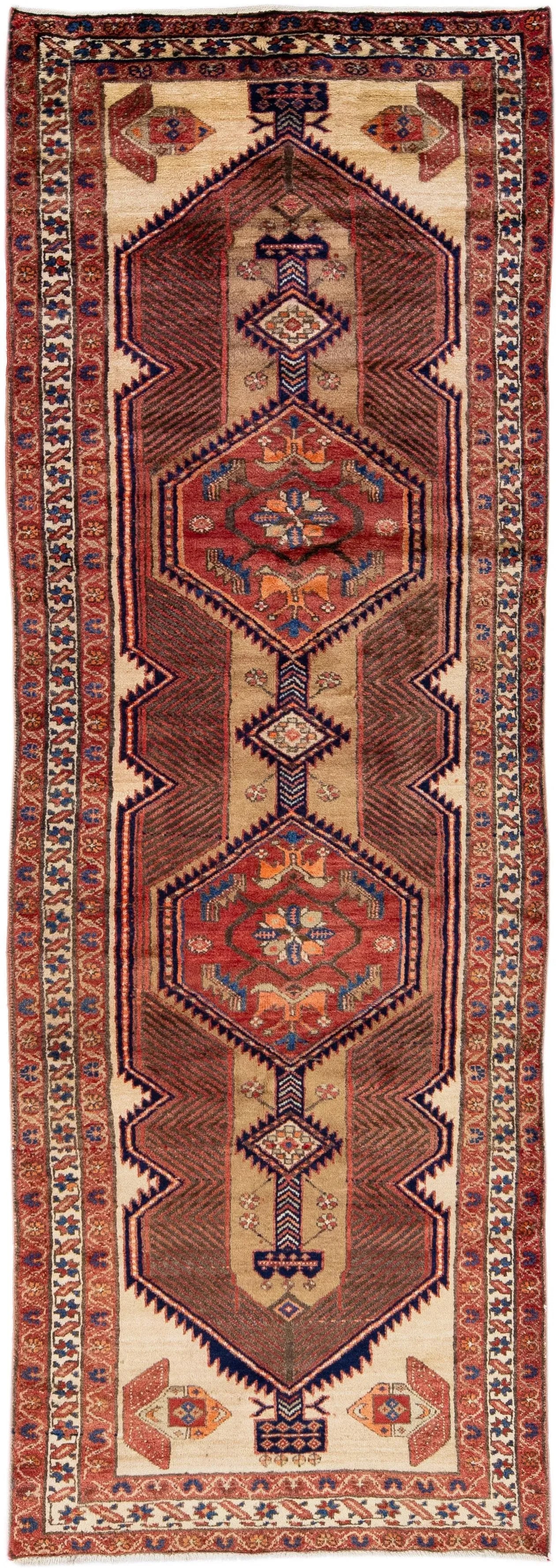 1960s Vintage Persian Hamadan Beige Handmade Geometric Wool Runner - 7