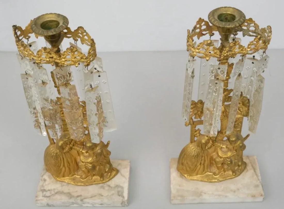 Pair of Mid 19th Century Gilt Metal Girandole Candlesticks Marble Base for Mantle - 2