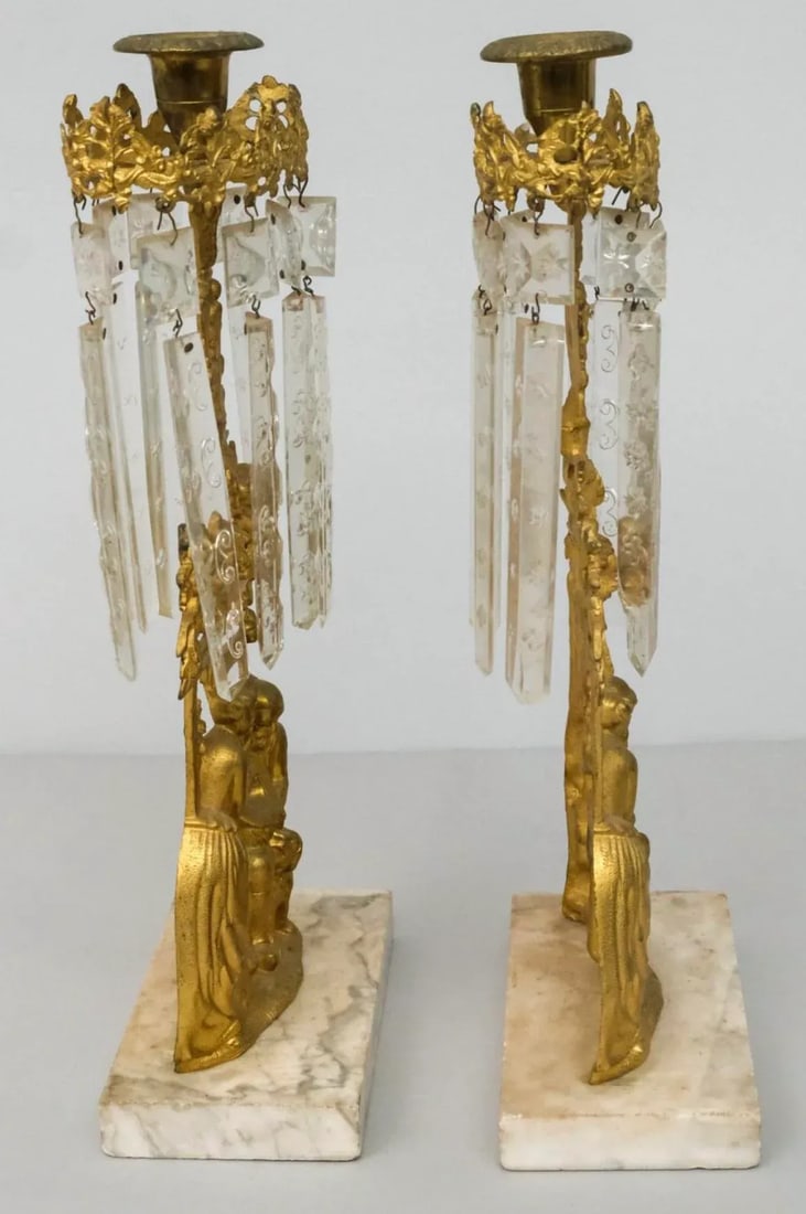 Pair of Mid 19th Century Gilt Metal Girandole Candlesticks Marble Base for Mantle - 5