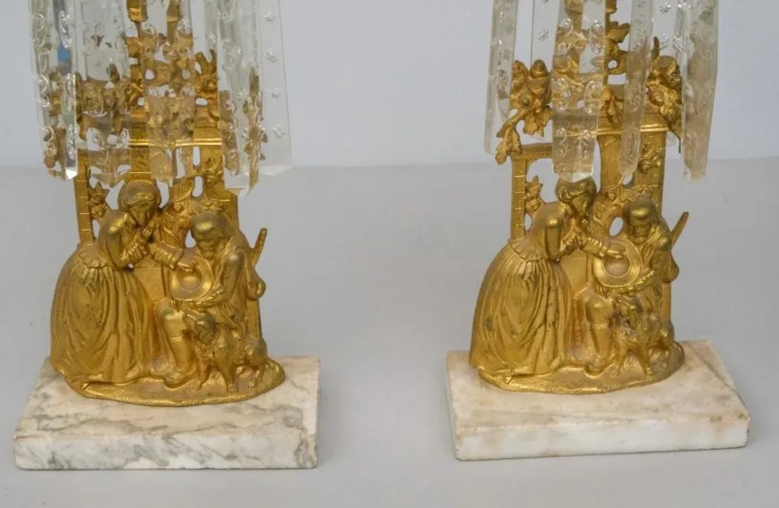 Pair of Mid 19th Century Gilt Metal Girandole Candlesticks Marble Base for Mantle - 7