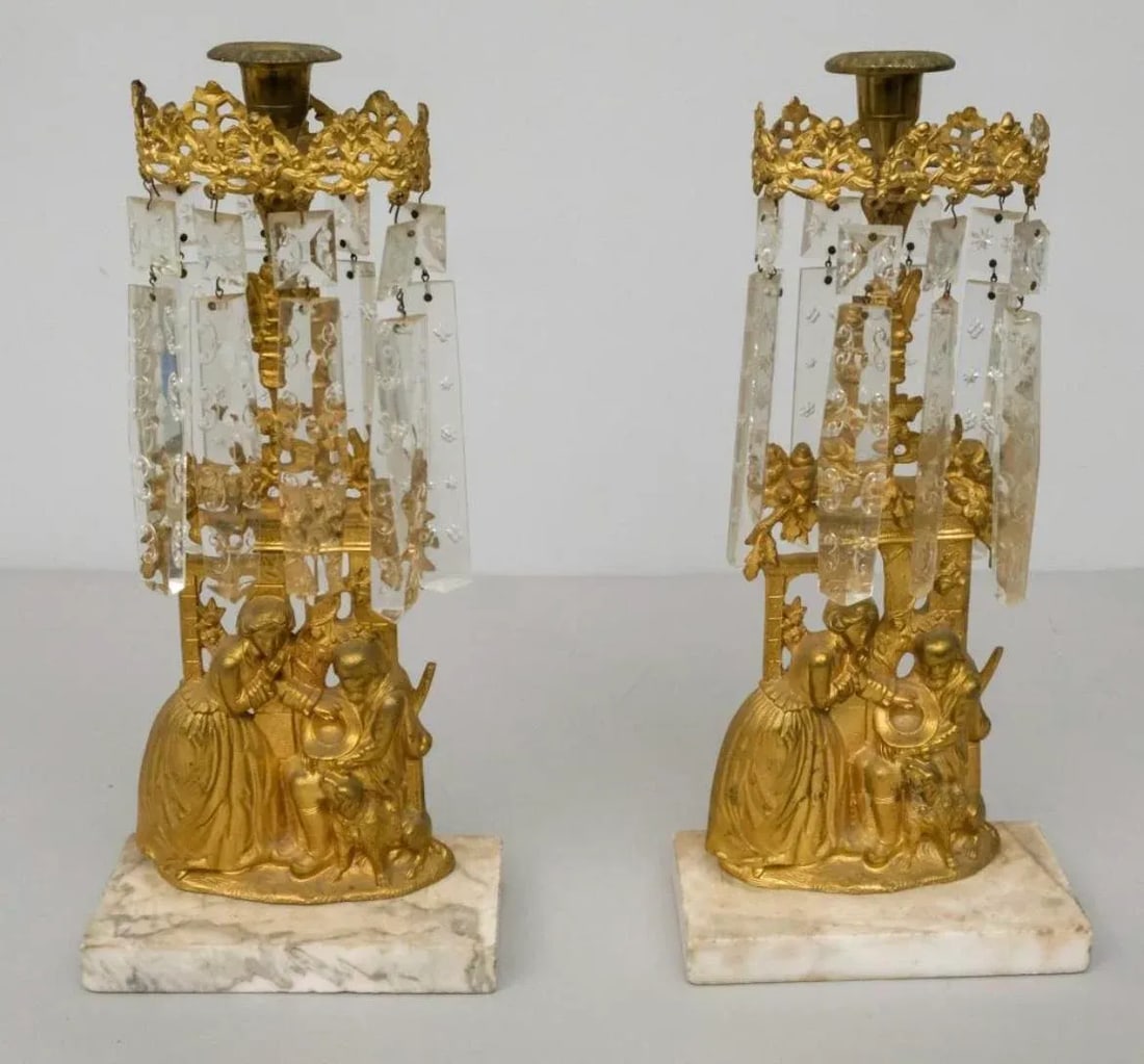 Pair of Mid 19th Century Gilt Metal Girandole Candlesticks Marble Base for Mantle - 9