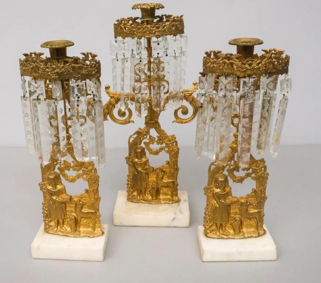 Mid 19th Century Antique Gilt Metal American Girandole Set- 3 Pieces - 6