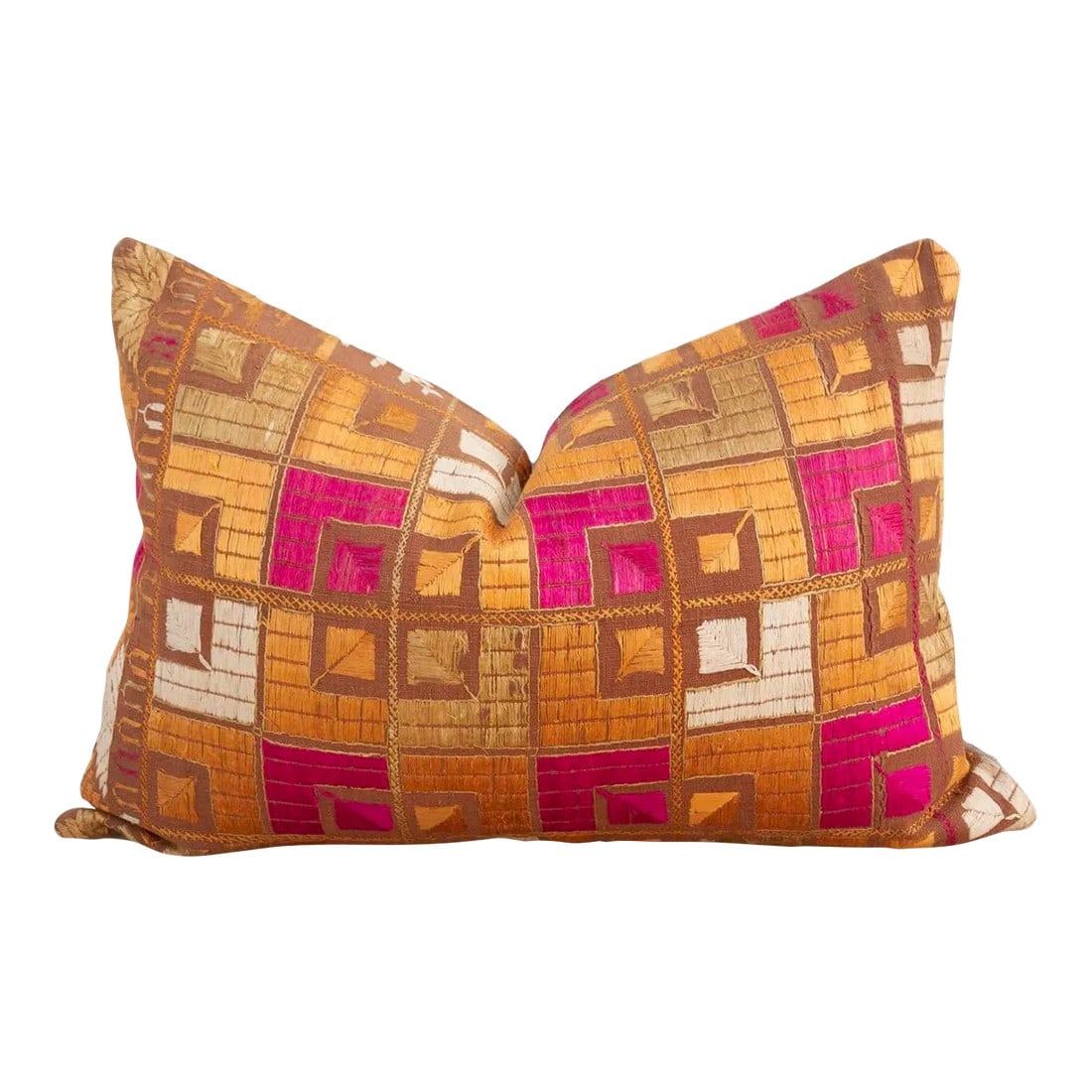 Golden Meadow Silk Phulkari Pillow: This luxurious Bagh Phulkari pillow features beautiful fine silk embroidery with a diamond pattern on a cotton fabric. This antique Indian pillow is made from an Orginal Phulkari throw, fine throws an